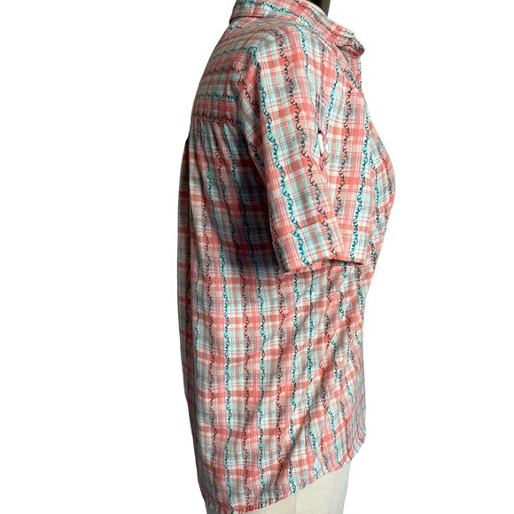 Adrian Delafield blouse medium plaid flowers short sleeve pocket collar - Picture 8 of 11